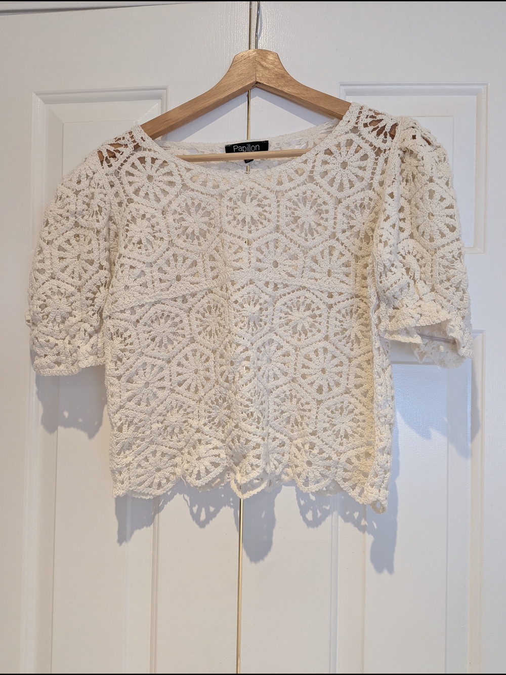 Papillon Coquette Crochet Ivory Lace Short Sleeve Top Coastal Fairy Soft Girl M